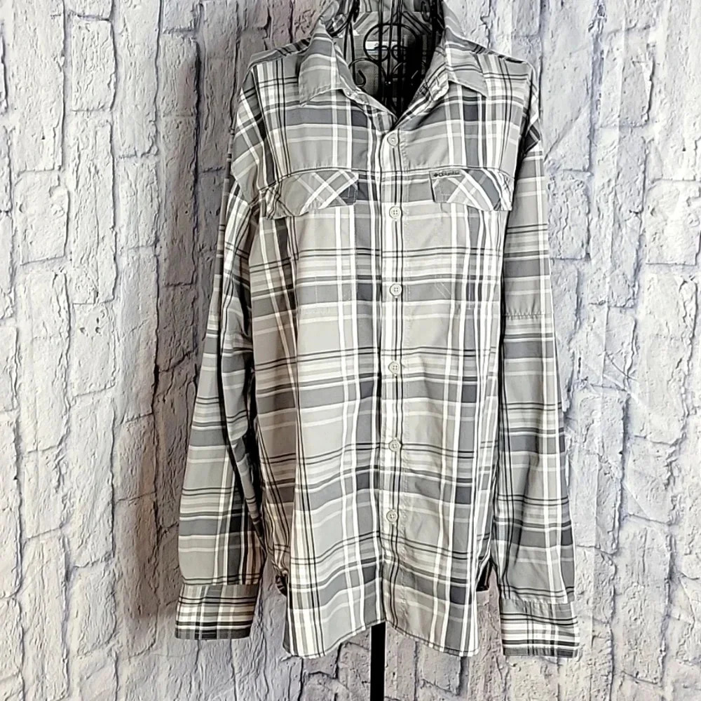 COLUMBIA Gray Plaid Casual Shirt Large